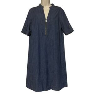 Anne Klein Dress Womens Size 12 Blue Denim Chambray Shift Tab Sleeve 1/4 Zip